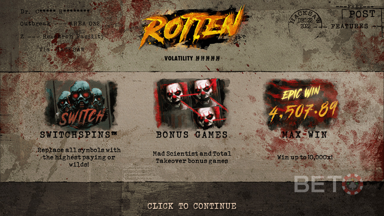 Насладете се на SwitchSpins, безплатни завъртания и други в слота Rotten от Hacksaw Gaming