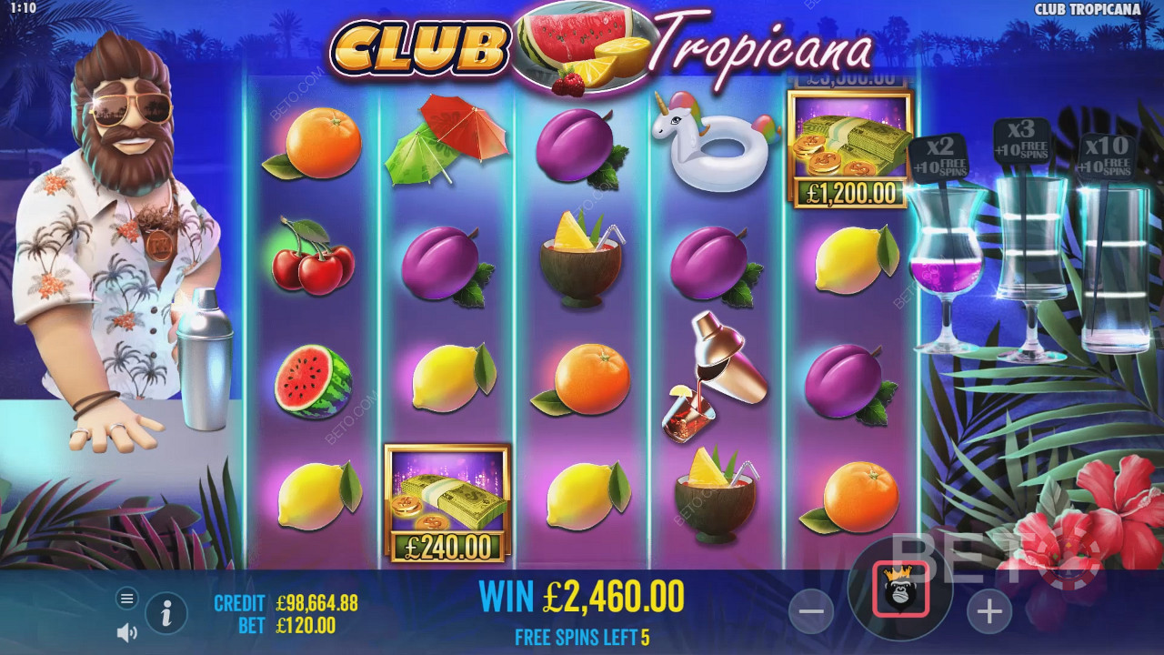 Получете възможност да събирате символите с пари в безплатните завъртания в слота Club Tropicana