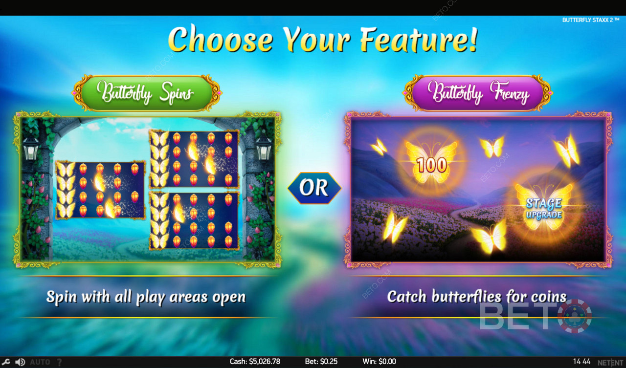 Изберете между две невероятни бонусни игри - режим на въртене или улавяне на пеперуди