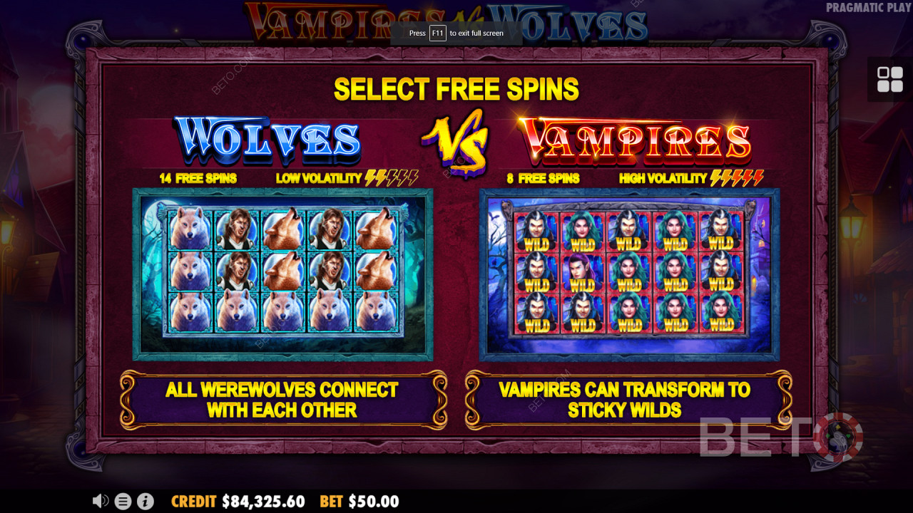 Двойни бонус кръгове с безплатни завъртания в Vampires vs Wolves
