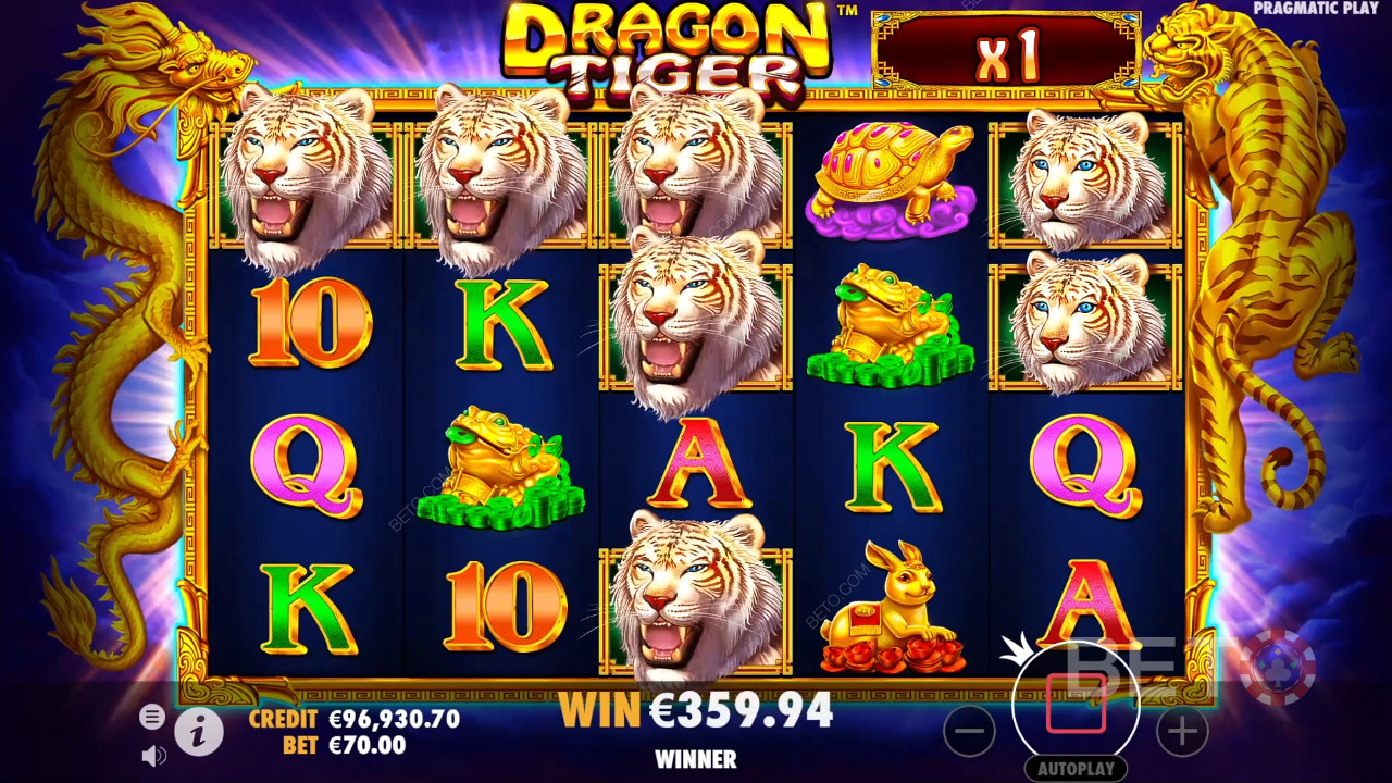 Множителите влизат в сила по време на бонуса с безплатни завъртания в онлайн слота Dragon Tiger