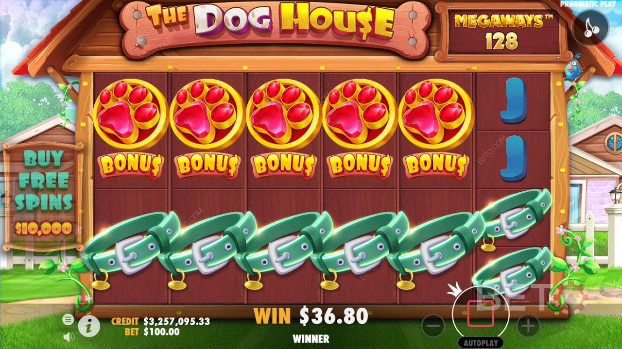 Подробен интерфейс за игра на The Dog House Megaways казина слотове