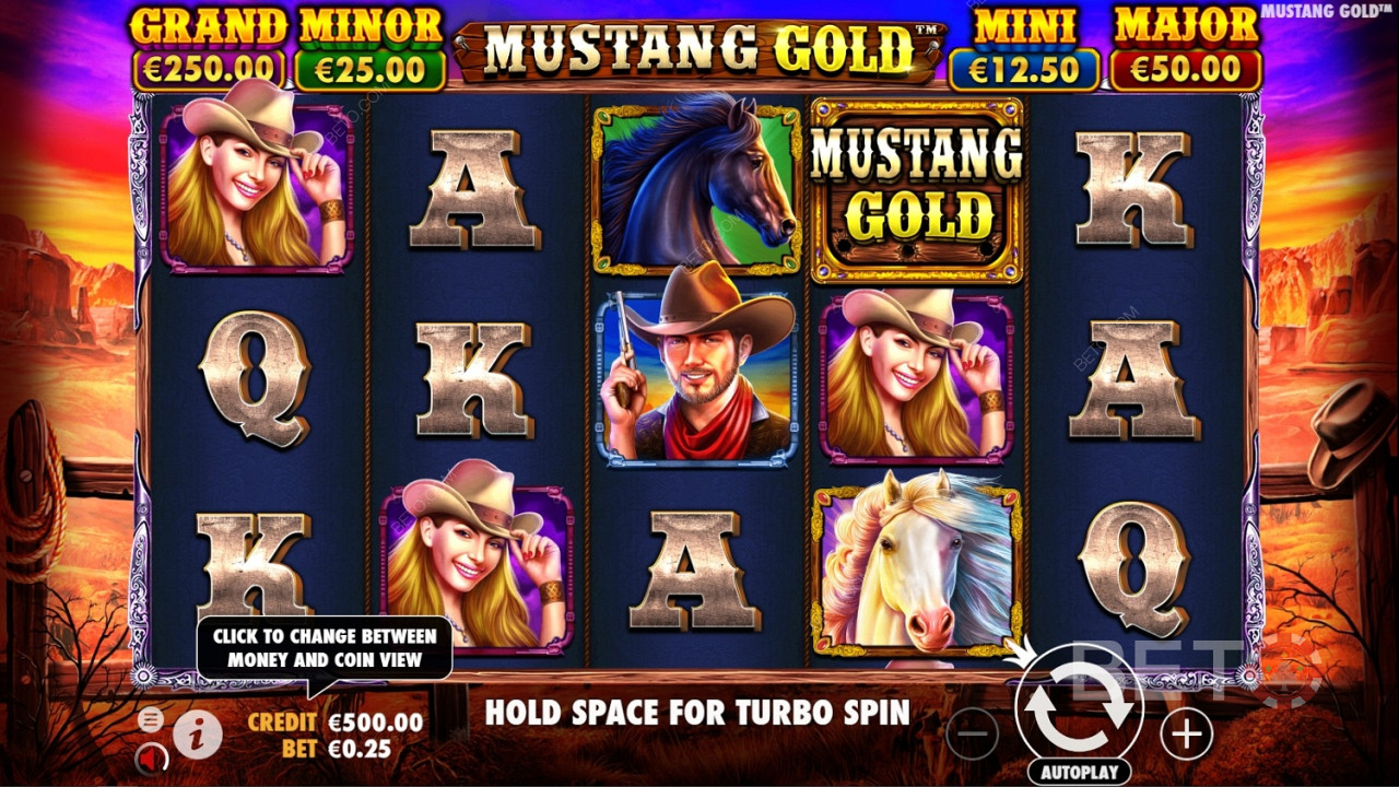 Уайлд символът е логото на играта в Mustang Gold Online Slot