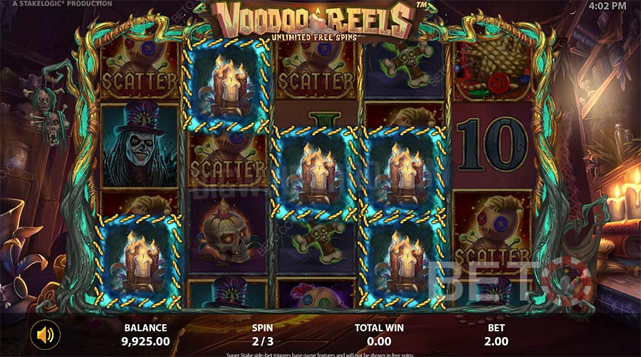 Вземете 3 или повече символа на свещи на Voodoo Reels, за да спечелите огромни суми.