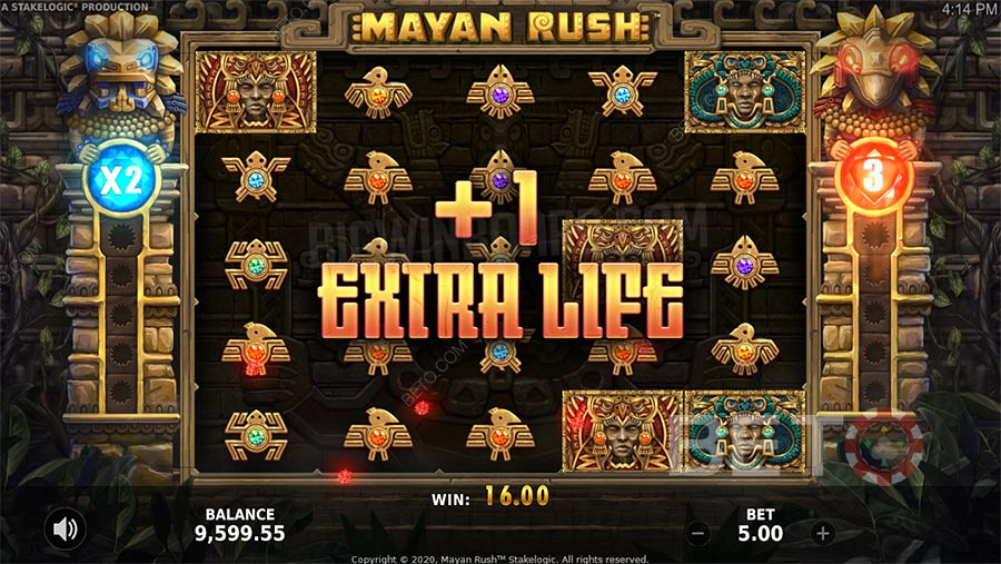 Mayan Rush бонус функциите включват безплатни завъртания, множител и функция хазарт.