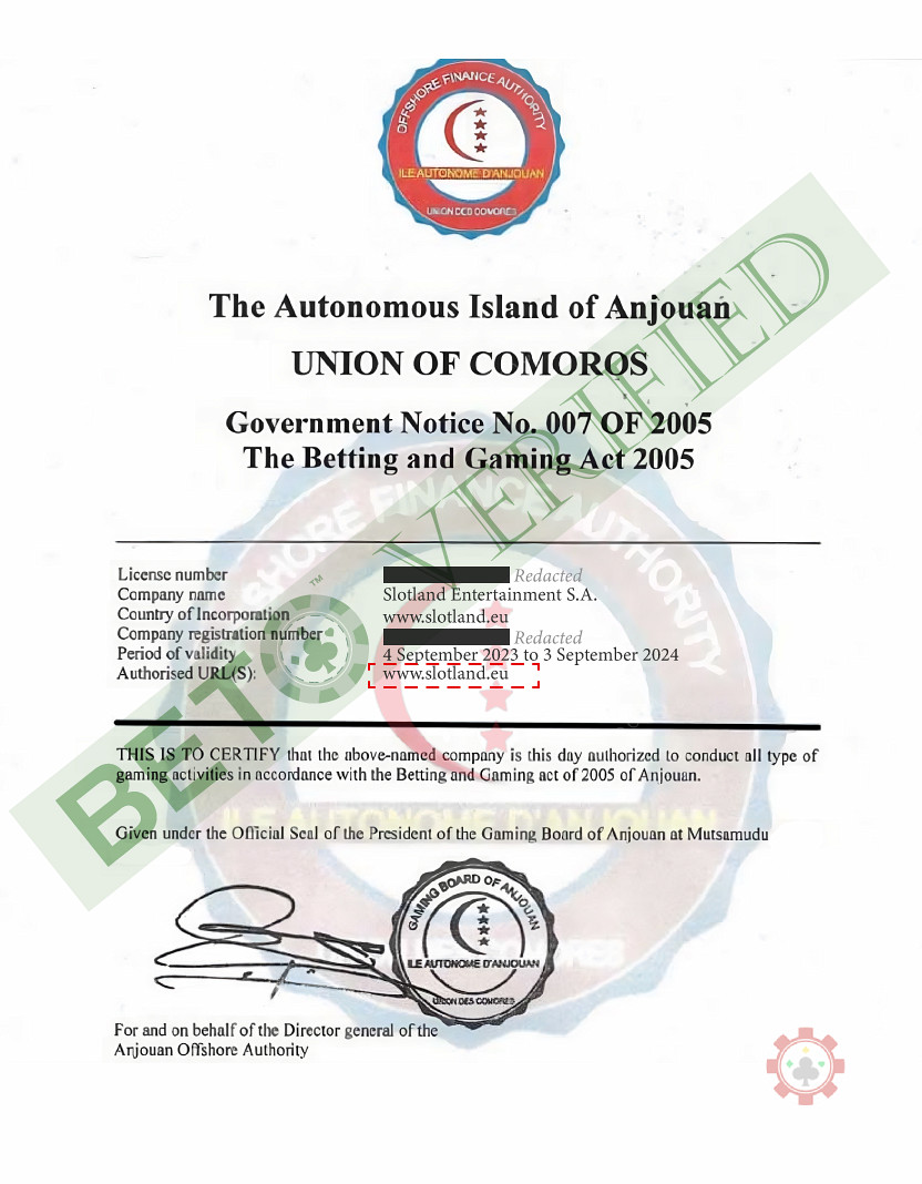 Slotland е лицензиран от Съюза на Коморските острови, както е проверено от BETO