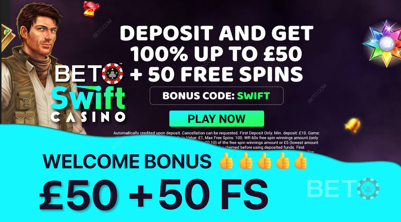 Вземете 100% бонус до £50 и 50 безплатни завъртания като бонус за добре дошли