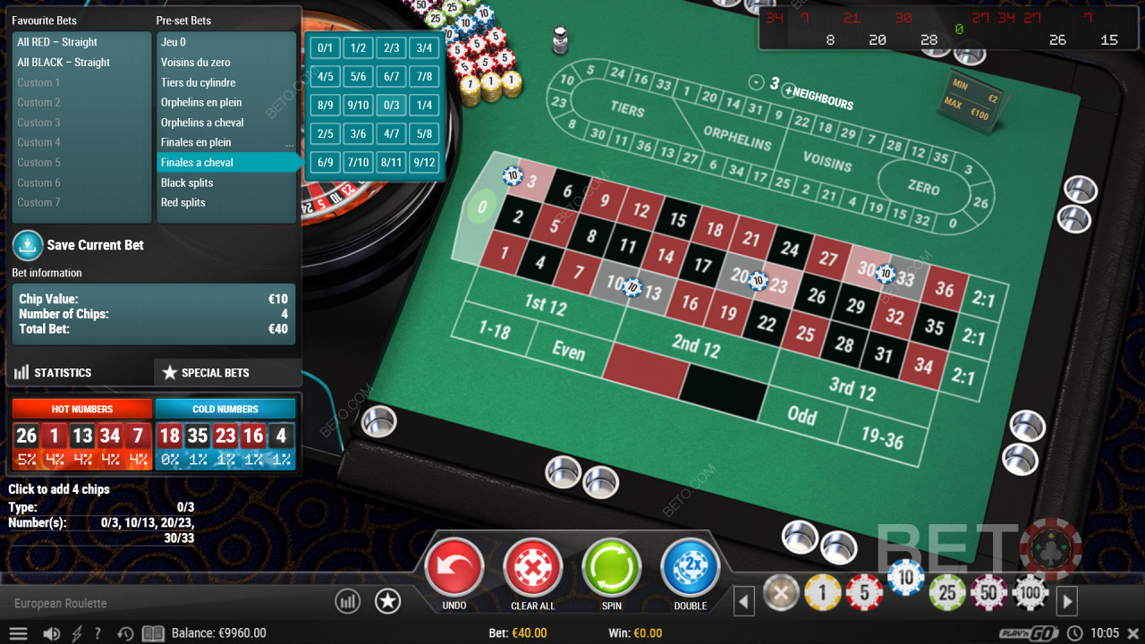 Специални опции за залагане в казино играта European Roulette Pro