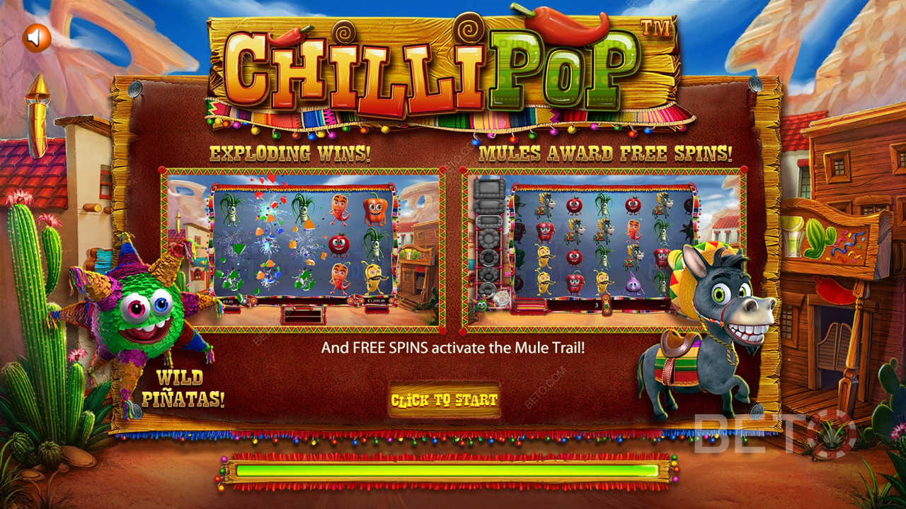 Въвеждащ екран на тематичната мексиканска игра ChilliPop slot