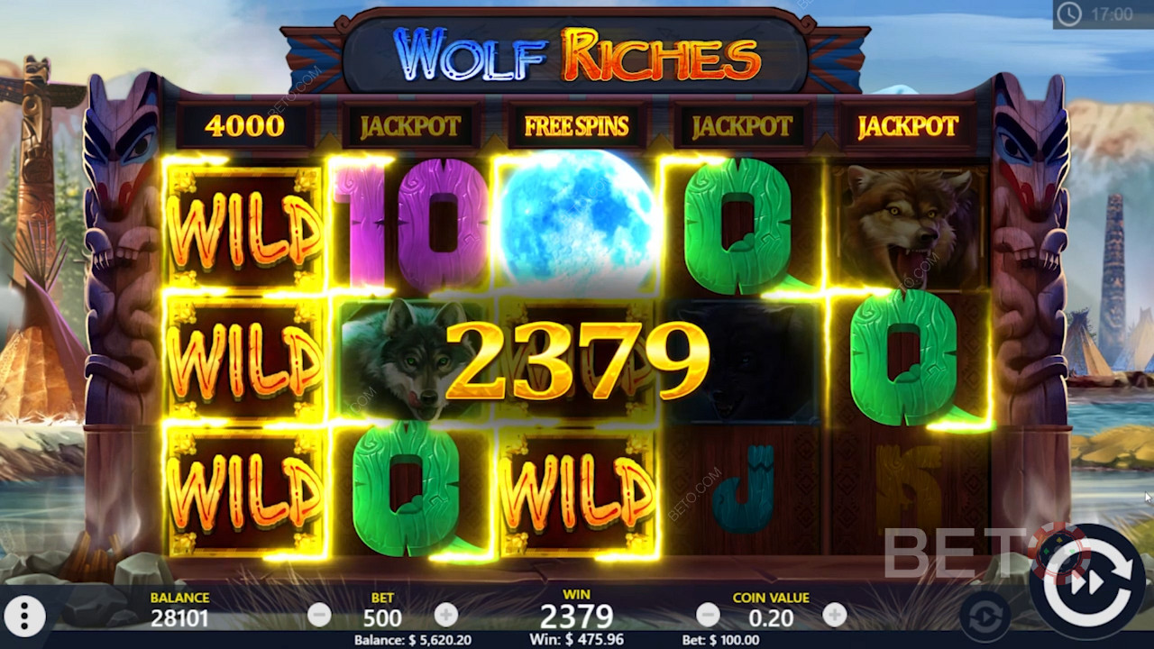 Безплатни завъртания и Wild печалба в Wolf Riches онлайн слот