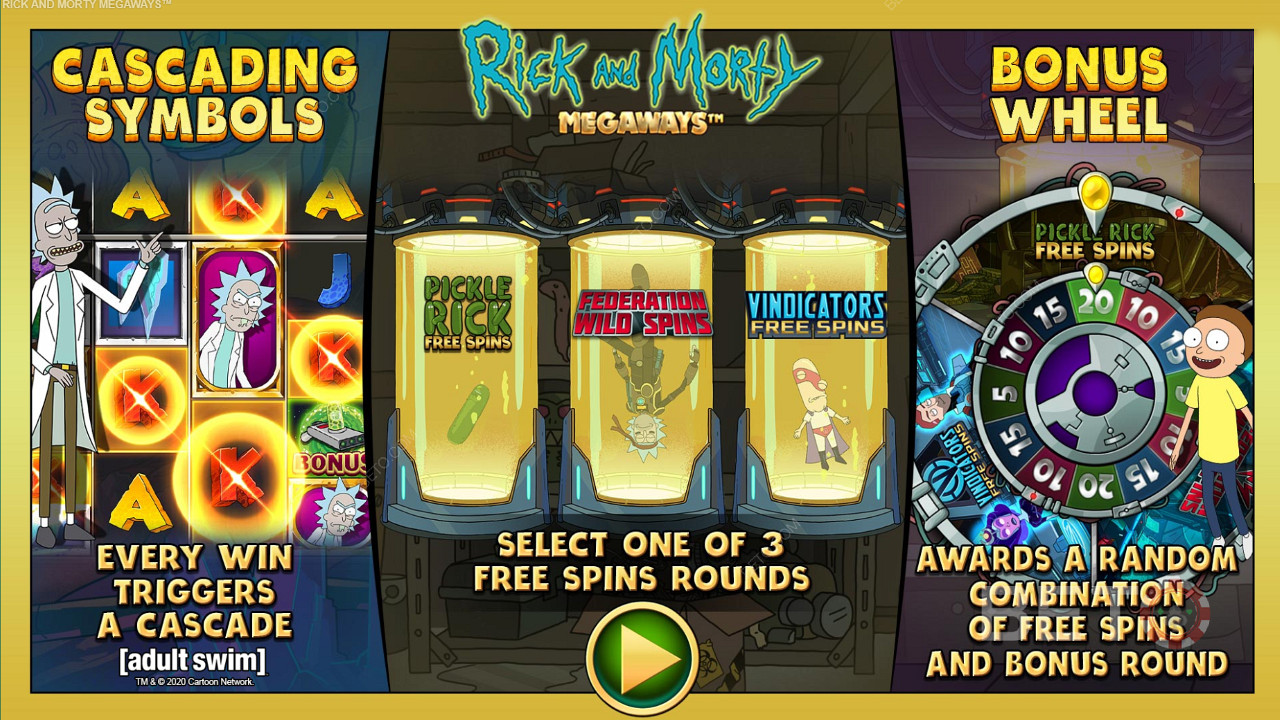 Насладете се на три различни вида безплатни завъртания в слот машината Rick and Morty Megaways