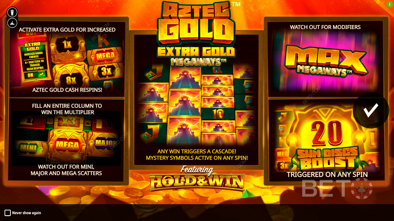 Насладете се на множество бонусни функции в слота Aztec Gold Extra Gold Megaways