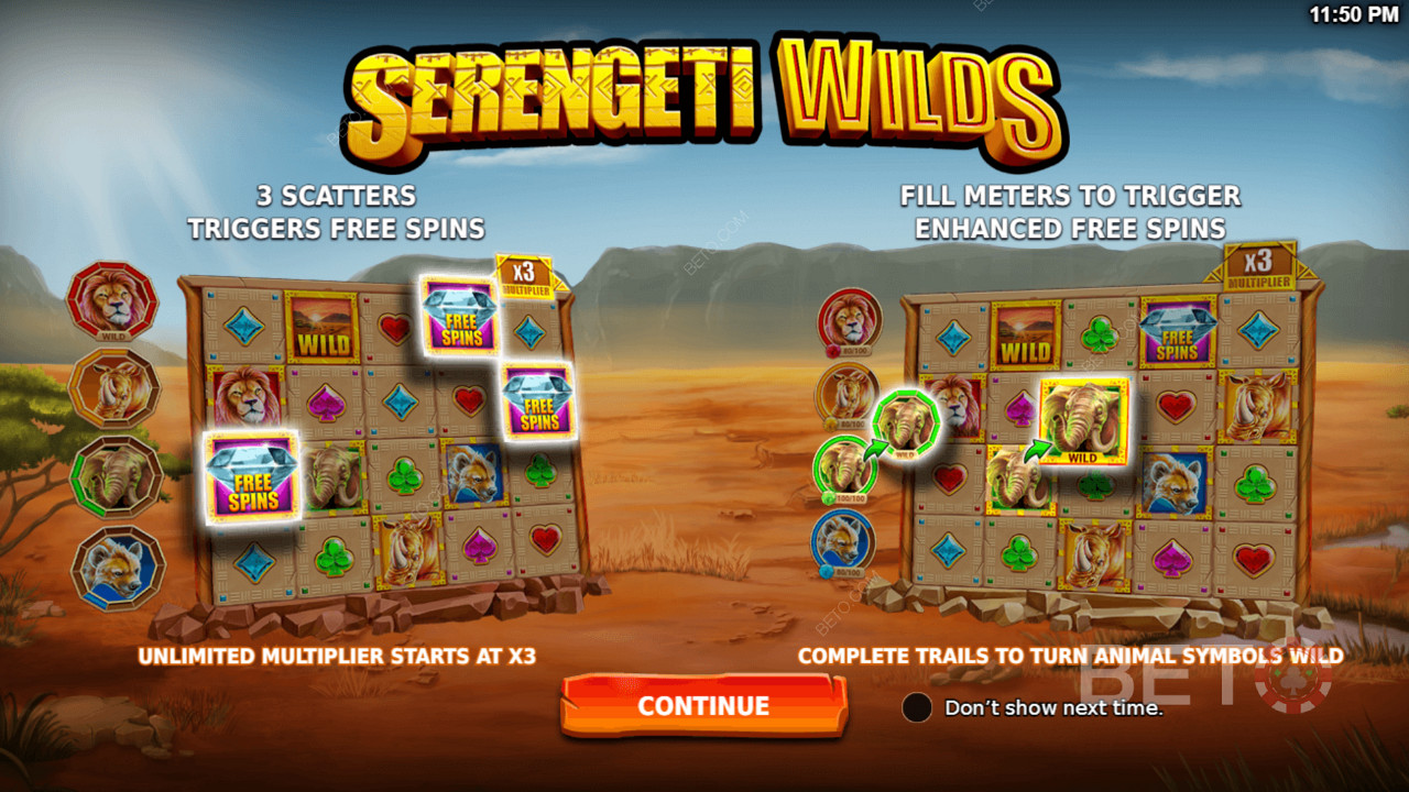 Насладете се на мощни функции като Free Spins и Enhanced Free Spins в слота Serengeti Wilds