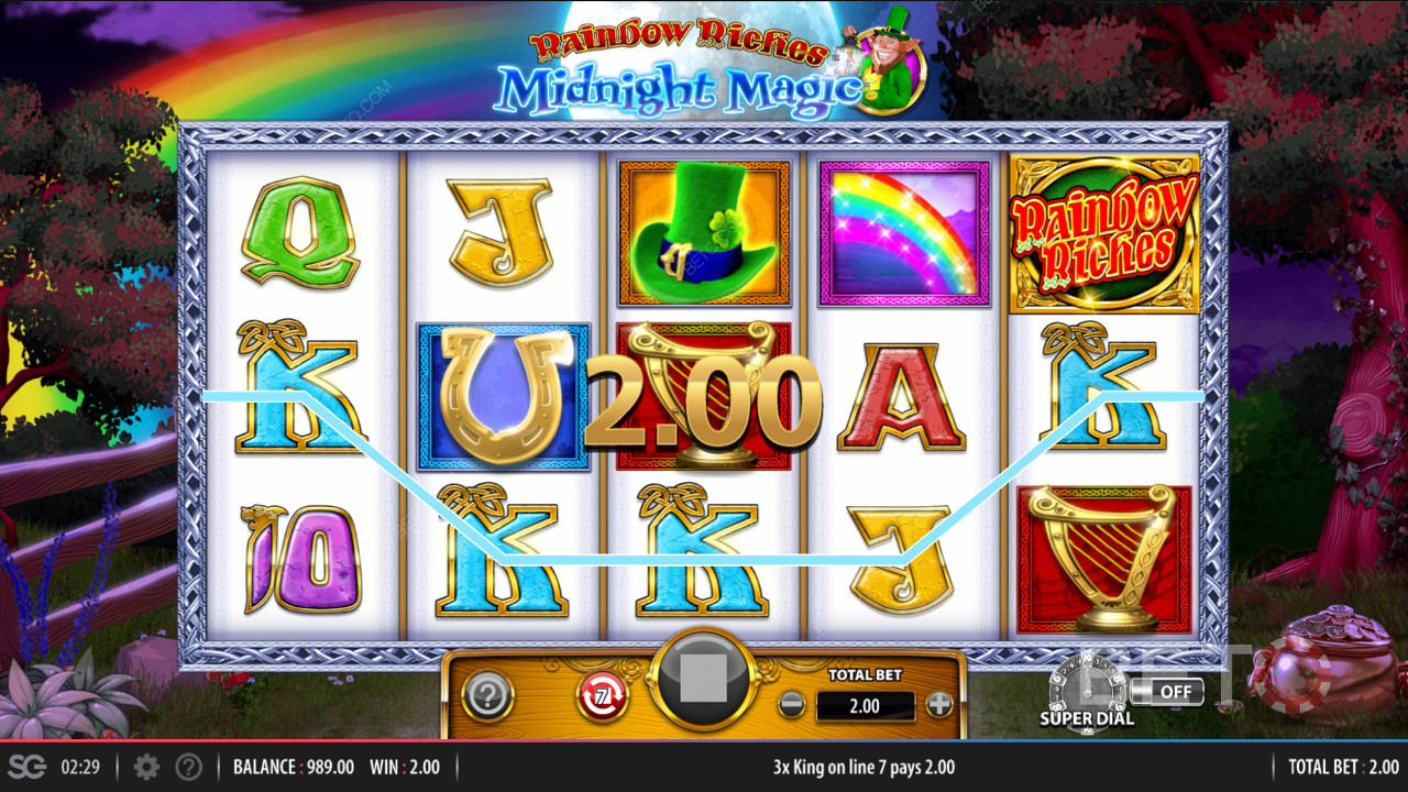 10 различни активни печеливши линии в слота Rainbow Riches Midnight Magic
