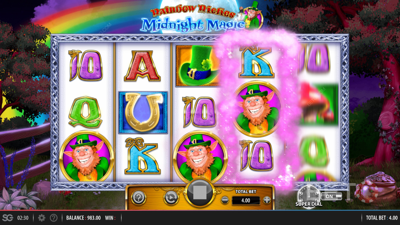 Rainbow Riches Midnight Magic от Barcrest, чиито функции включват бонус Super Dial
