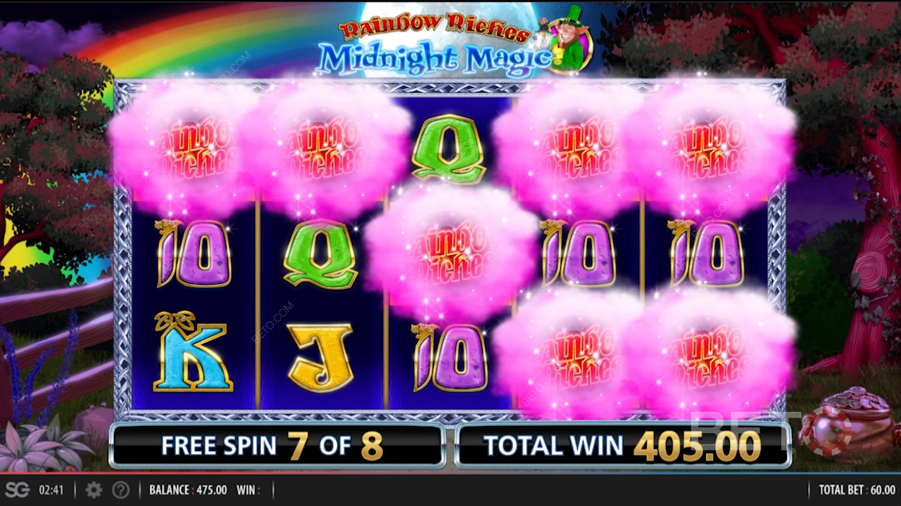 Попадане на множество уайлд символи в Rainbow Riches Midnight Magic