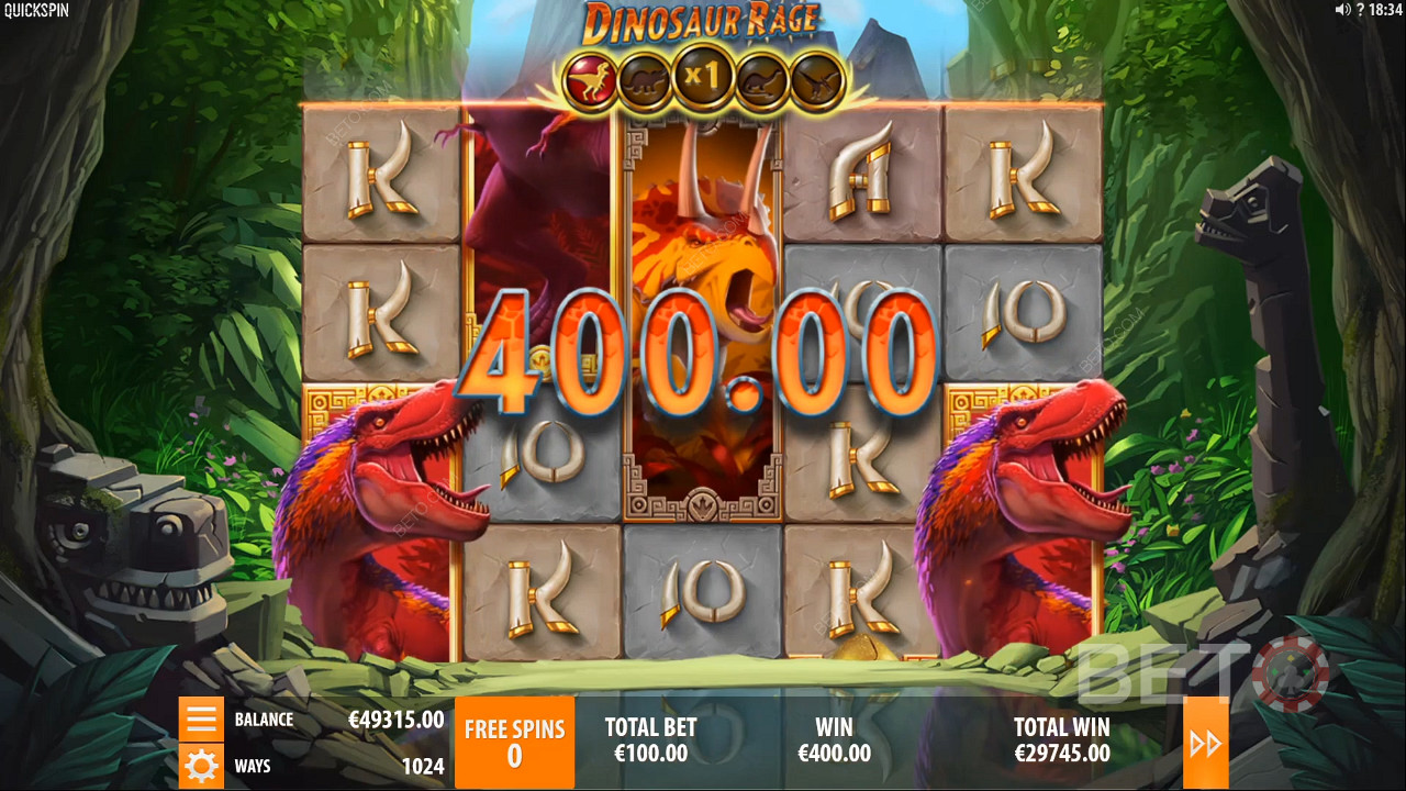 Спечелване на печалба на стойност 400 монети в Dinosaur Rage Slot Machine