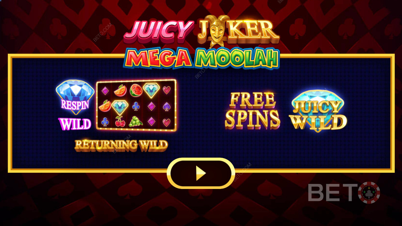 Juicy Joker Mega Moolahна началния екран, в който се обясняват различните бустери.