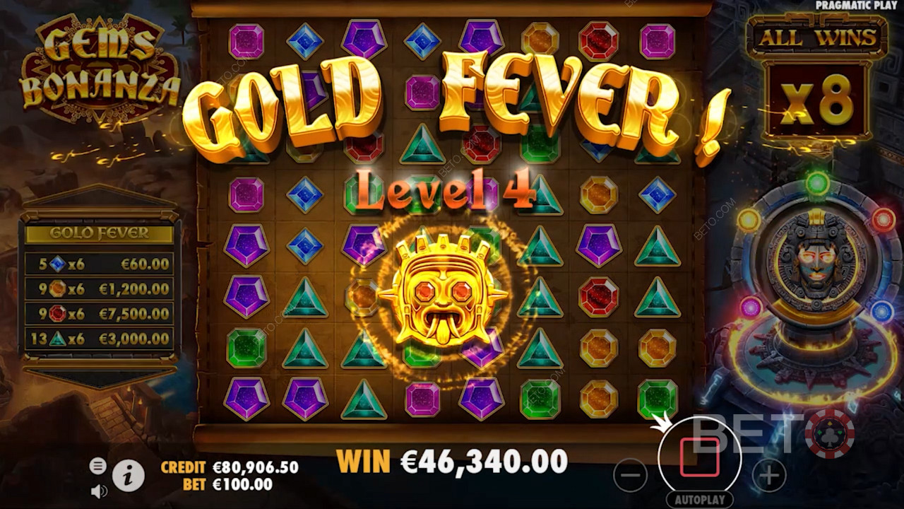 Съберете поне 114 печеливши символа, за да отключите прогресивния бонус Gold Fever.