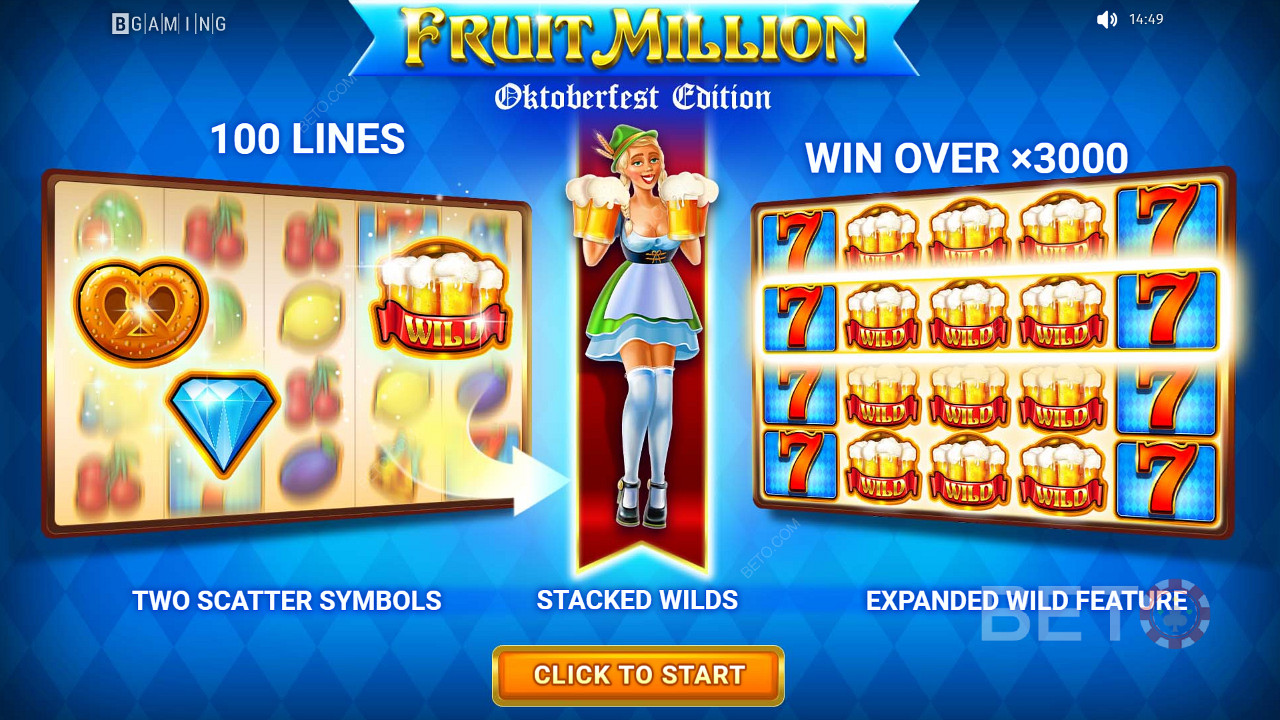 Играйте на слот с над 100 линии и спечелете до 3000x залога си в Fruit Million