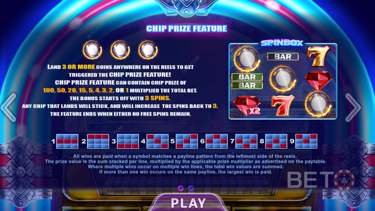 Spinboxна началния екран с информация за различните печеливши линии.