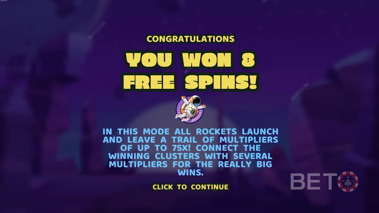 Попадането на 3 символа Spaceman задейства режима на игра Free Spins в тази слот машина