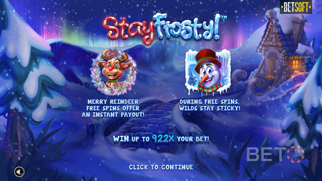 Въвеждащият екран в Stay Frosty! Безплатни завъртания с весели еленчета и максимална печалба от 922x вашия залог!