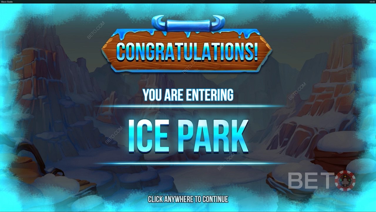 Поставете скатер символите Blue & Red Bison, за да отключите бонусната функция Ice Park.