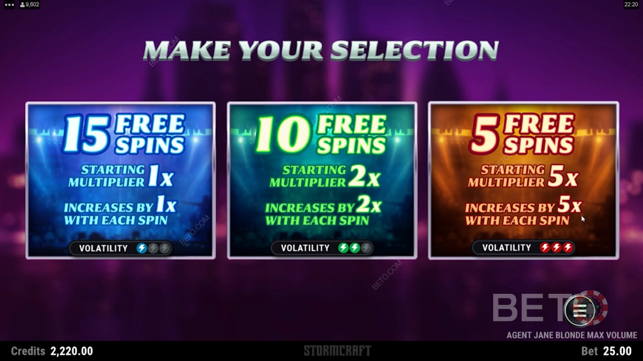 Активирайте бонусната игра и изберете между 3 безплатни завъртания и бонуси с множител