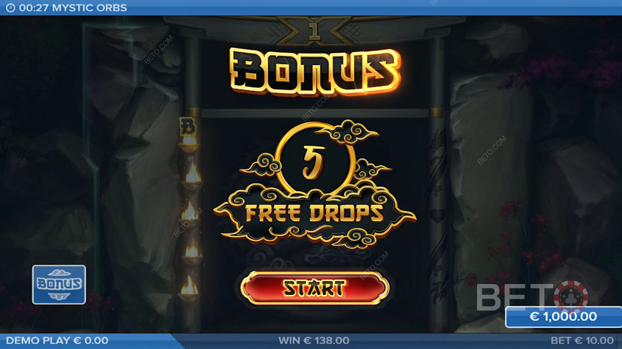 Поставете 5 символа Orb, за да активирате бонусната игра и да получите 5 безплатни завъртания