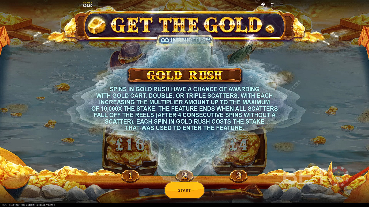 Поставете 3 или повече Scatter-а на златните колички, за да започнете часа на Golden Rush.