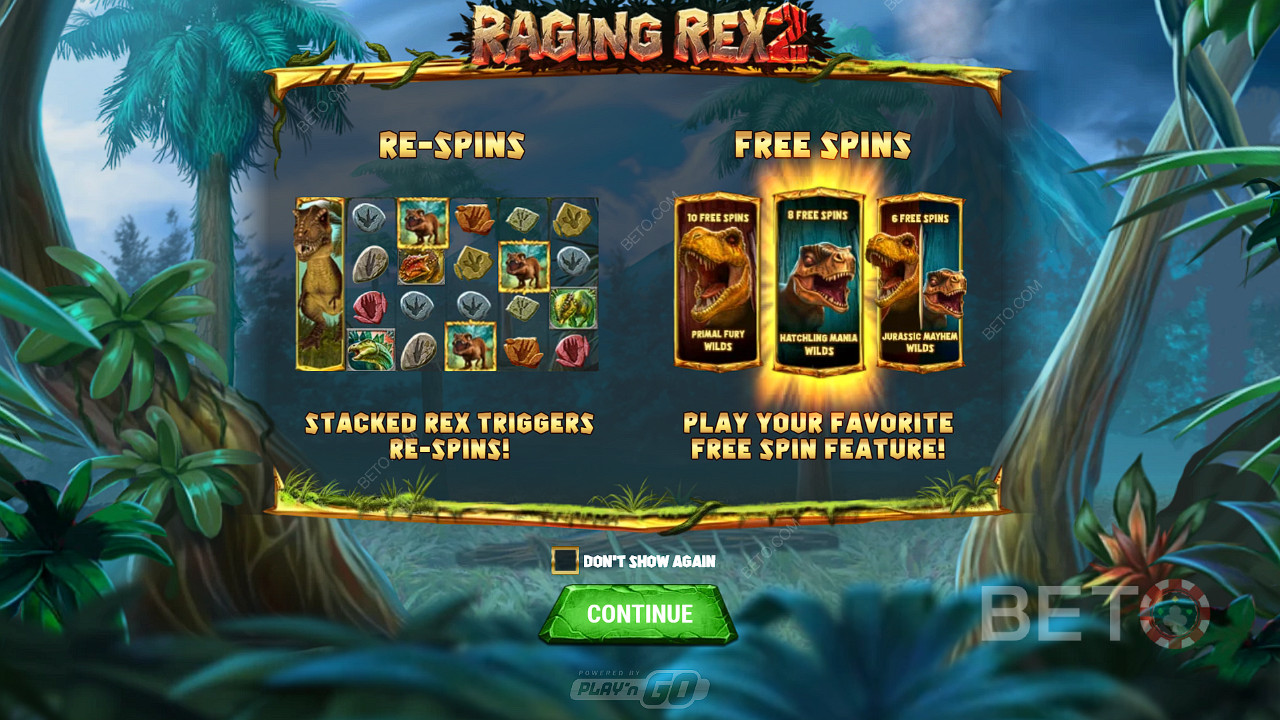 Насладете се на повторни завъртания и 3 вида безплатни завъртания в слота Raging Rex 2