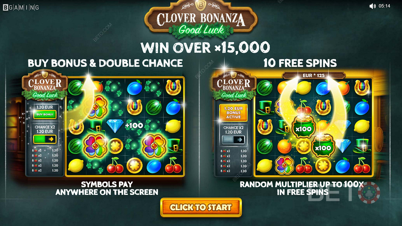 Насладете се на функциите Buy Bonus, Double Chance и Free Spins в слота Clover Bonanza