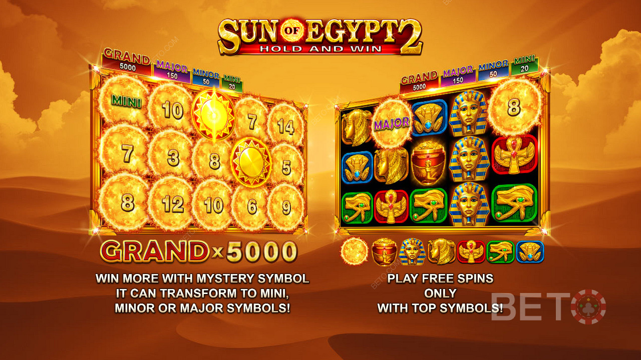 Насладете се на джакпоти на стойност до 5 000 пъти залога си и безплатни завъртания в слота Sun of Egypt 2