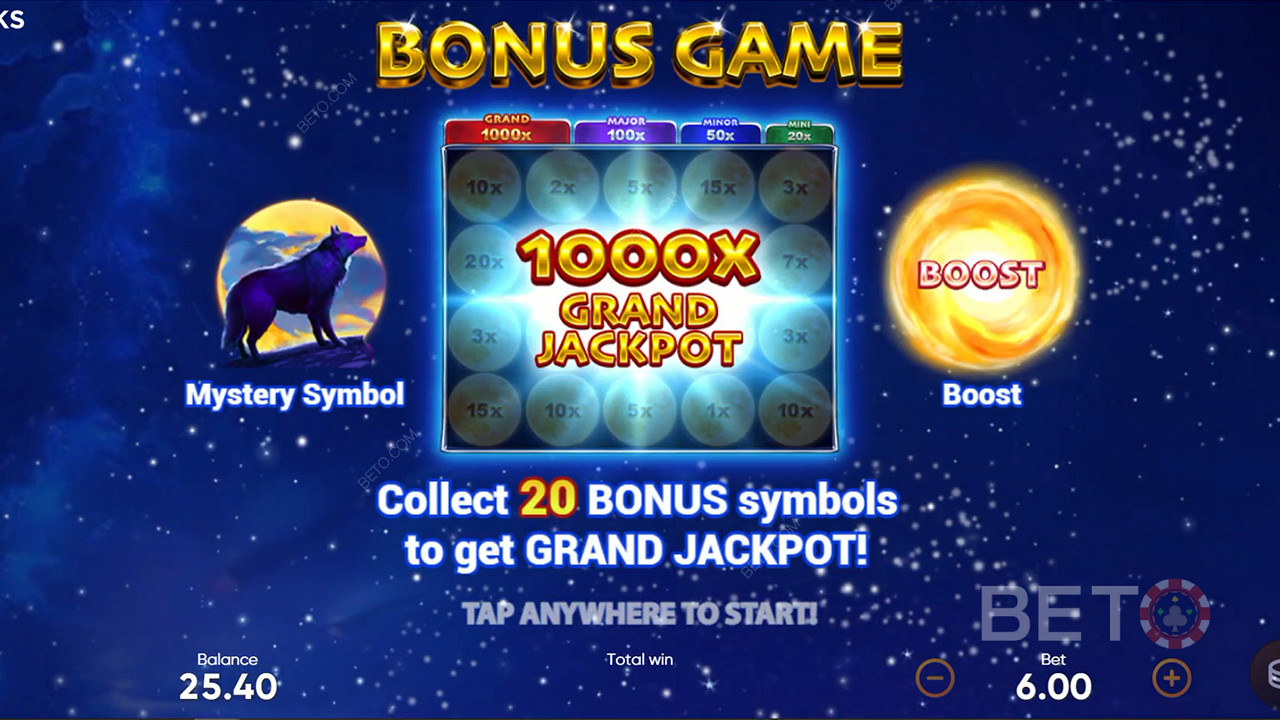 Съберете 20 бонус символа в бонус играта, за да отключите големия джакпот.