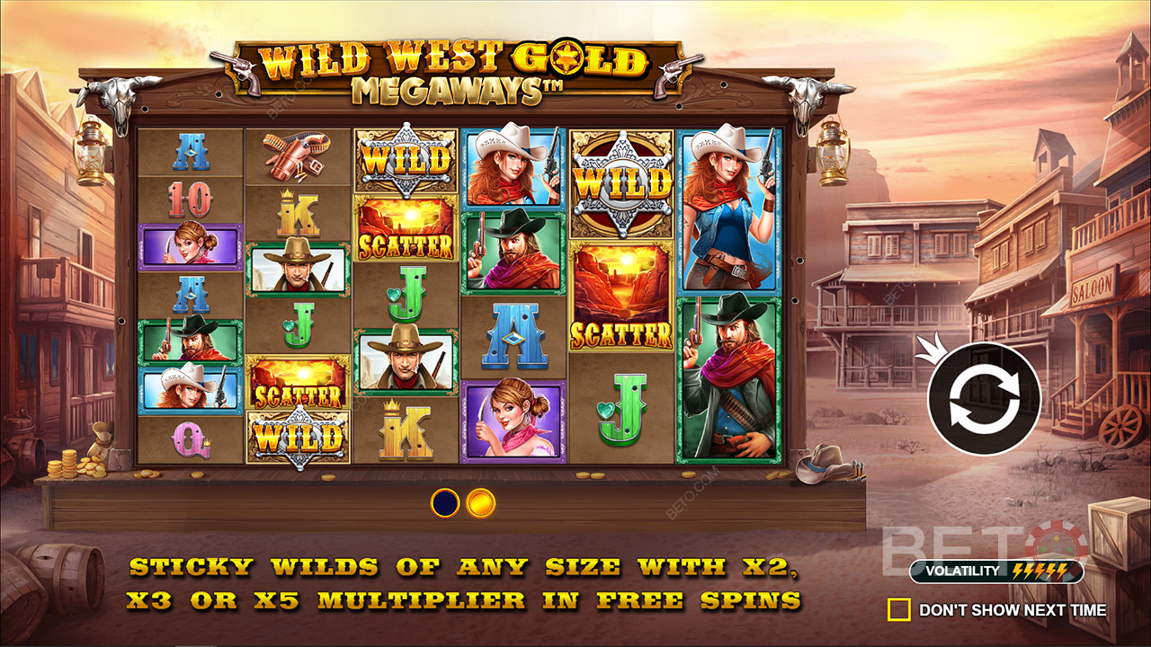 В слота Wild West Gold Megaways има лепкави уайлд символи с множители до 5 пъти.