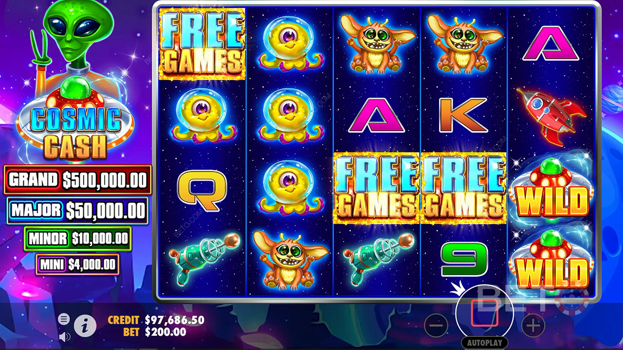 Поставете 3 или повече Scatters, за да задействате функцията Free Spins в слот Cosmic Cash