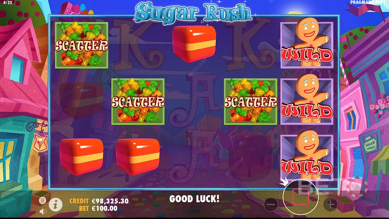 Безплатните завъртания се активират, ако в слот играта Sugar Rush се появят поне 3 Scatter символа.