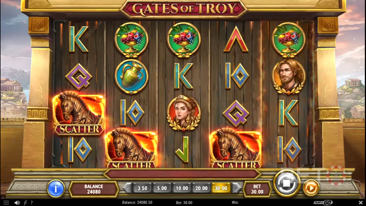 3 или повече Scatters ще ви донесат безплатни завъртания в казино играта Gates of Troy