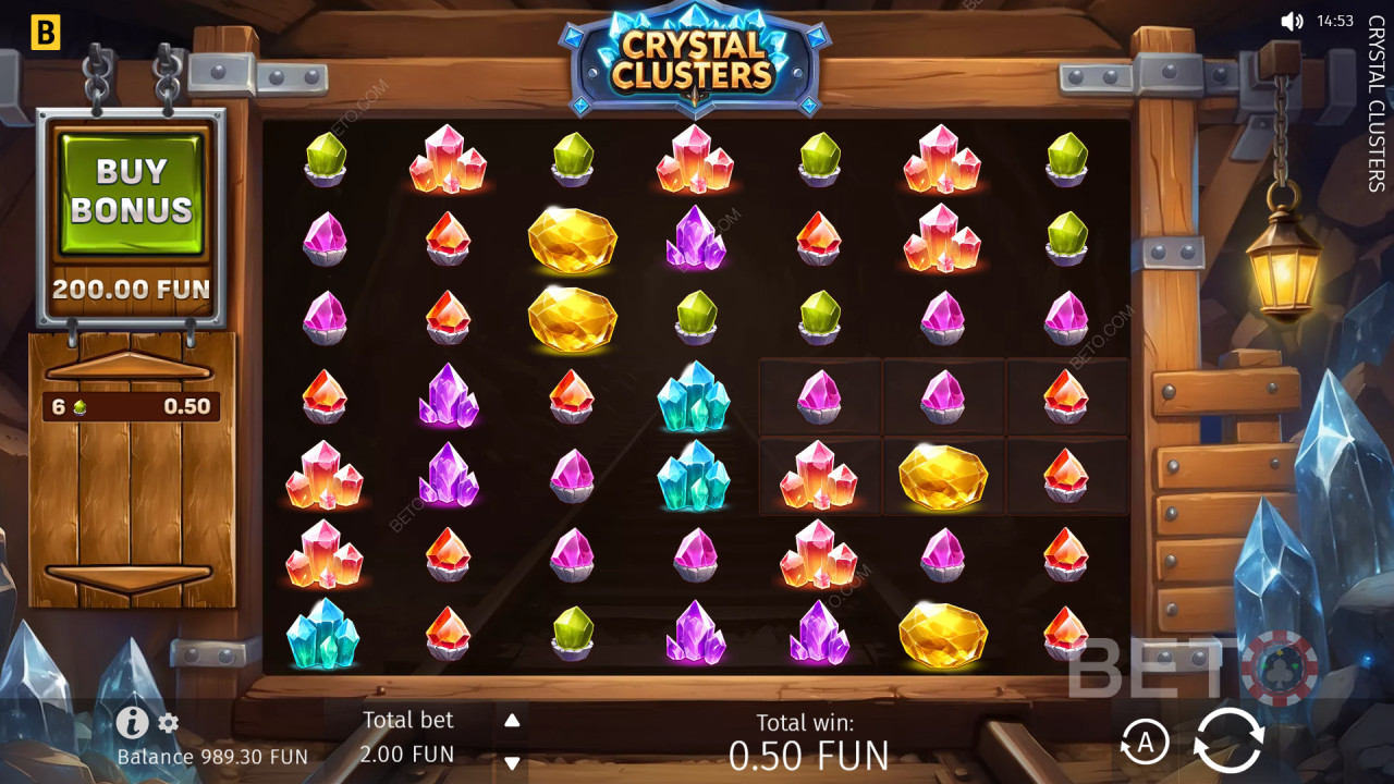 Обяснение на бонусните функции в играта „Crystal Clusters“ на BGaming
