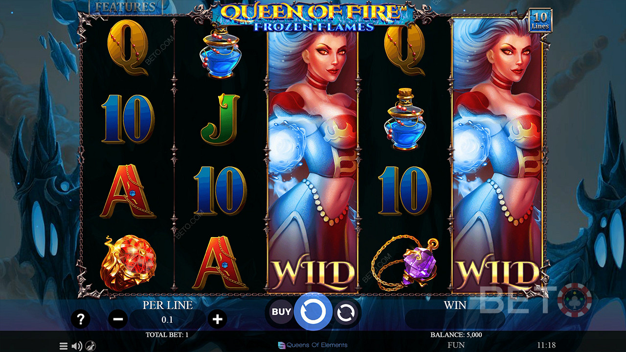 Насладете се на разширяващи се уайлд символи в основната игра в слот Queen of Fire - Frozen Flames